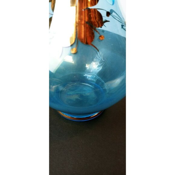 Aqua Blue Romanian Glass Decanter With Gold Floral Design & Handle - Picture 12 of 12